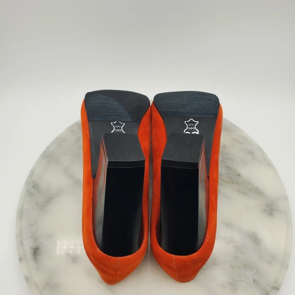 Vibrant Orange Suede Block Heel Pumps Round Toe Chunky High Heels Women Sz 6.5-7